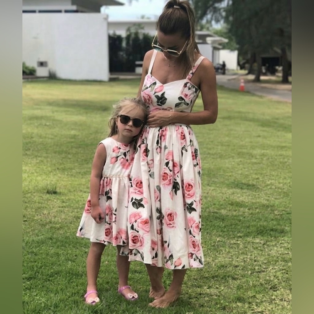 New Mommy And Me White/Pink Floral Rose Fit & Flare Midi Dress
